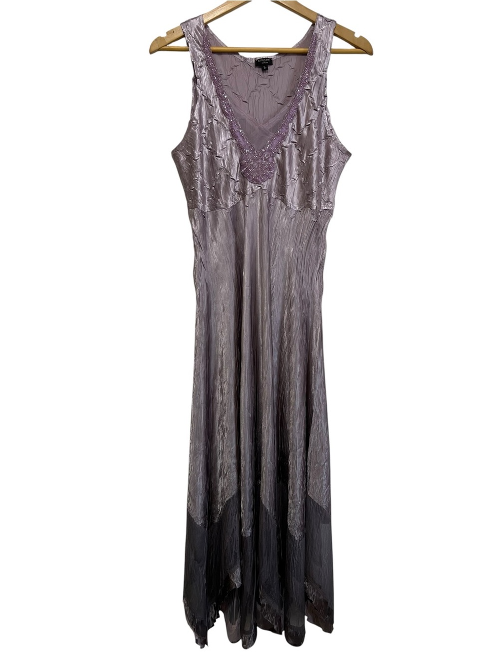 Komarov Purple Crinkle Textured Sleeveless Midi Dress Beaded V-Neck Large